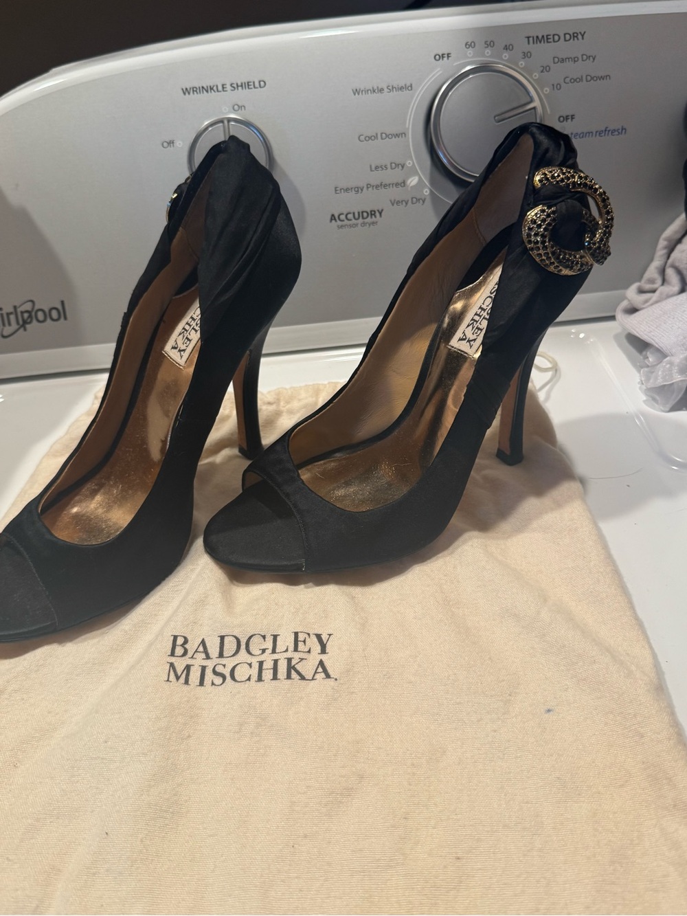 Badgley Mischka Black Satin Peep-Toe Stiletto Heels with Gold Buckle Accent